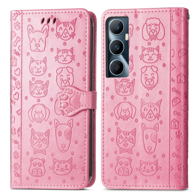 For Realme C65 Cat and Dog Embossed Leather Phone Case