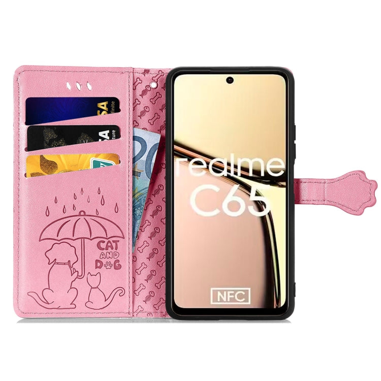 For Realme C65 Cat and Dog Embossed Leather Phone Case