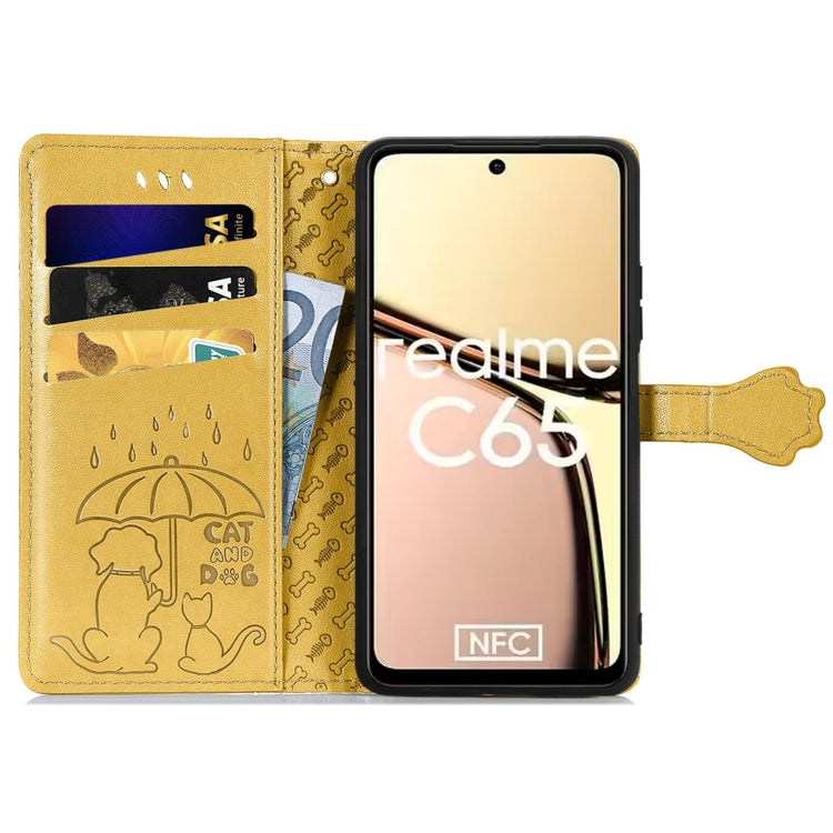 For Realme C65 Cat and Dog Embossed Leather Phone Case
