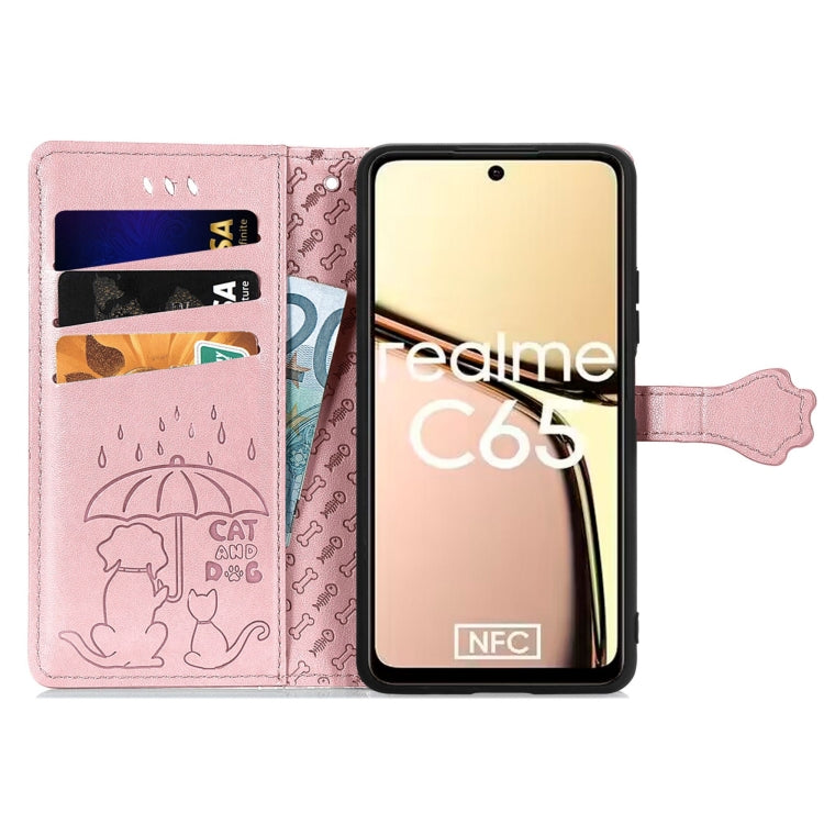 For Realme C65 Cat and Dog Embossed Leather Phone Case