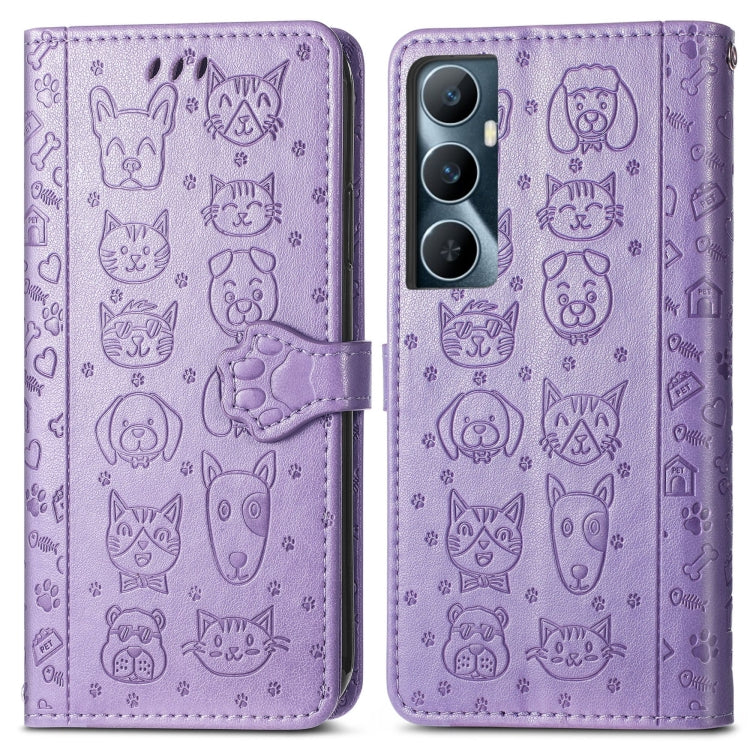 For Realme C65 Cat and Dog Embossed Leather Phone Case