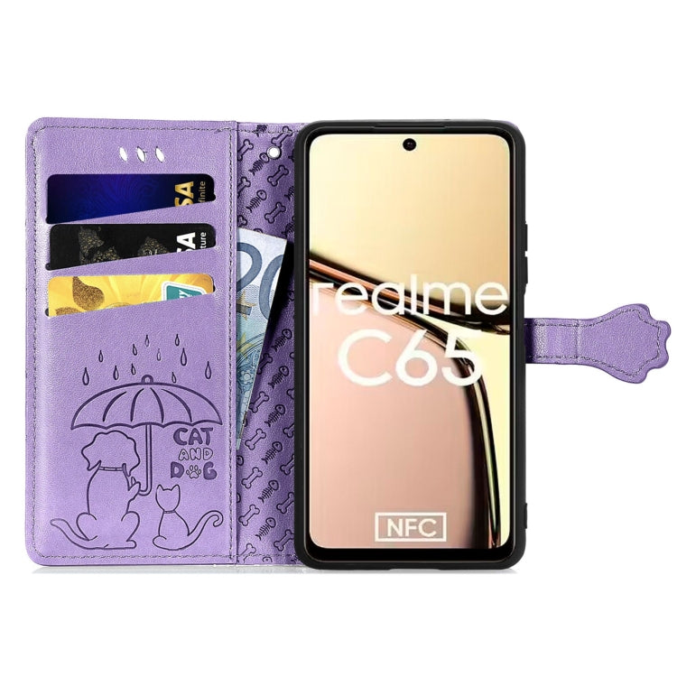 For Realme C65 Cat and Dog Embossed Leather Phone Case