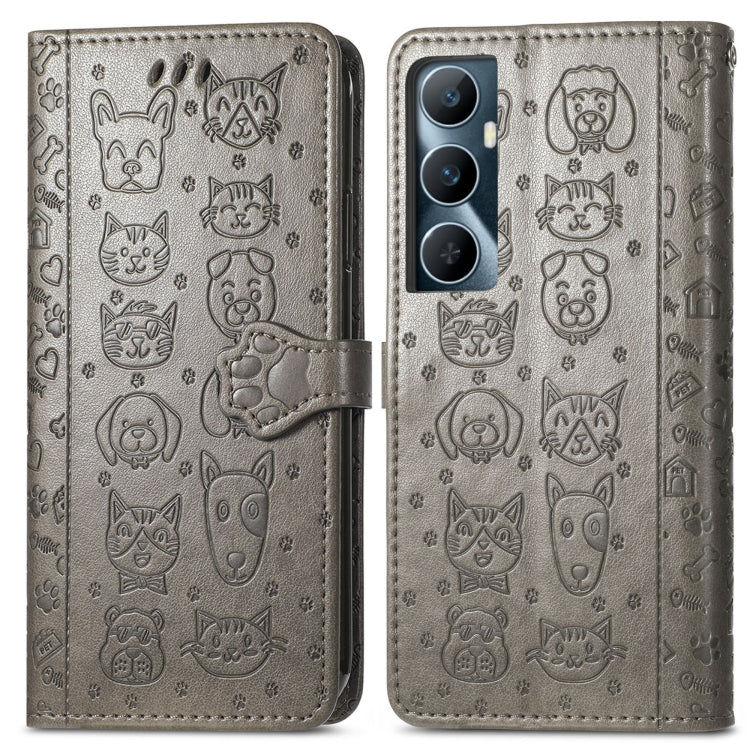 For Realme C65 Cat and Dog Embossed Leather Phone Case