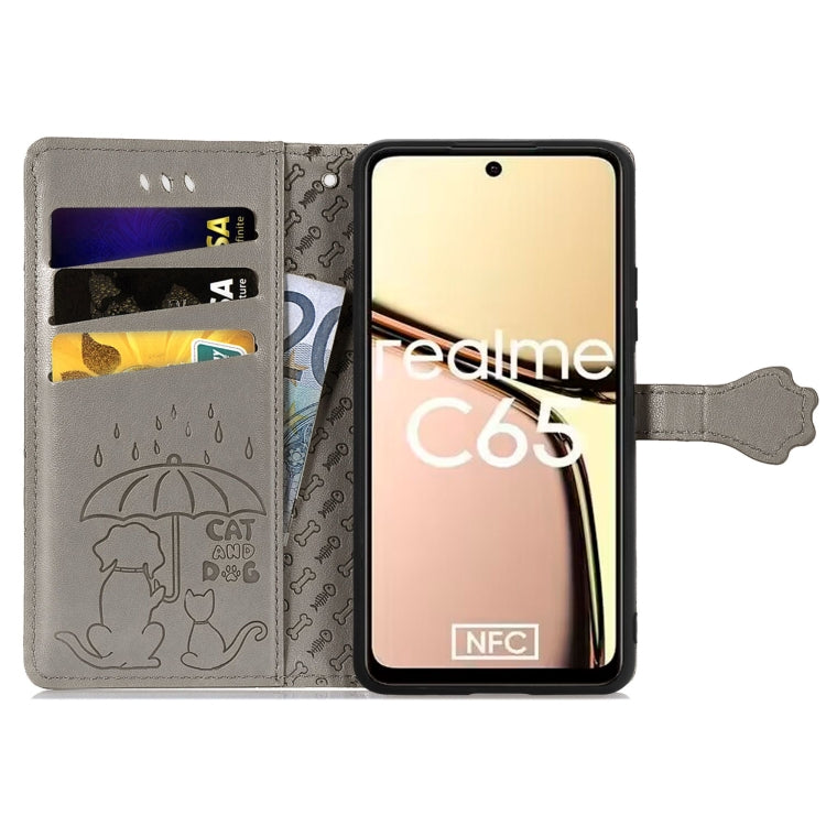 For Realme C65 Cat and Dog Embossed Leather Phone Case