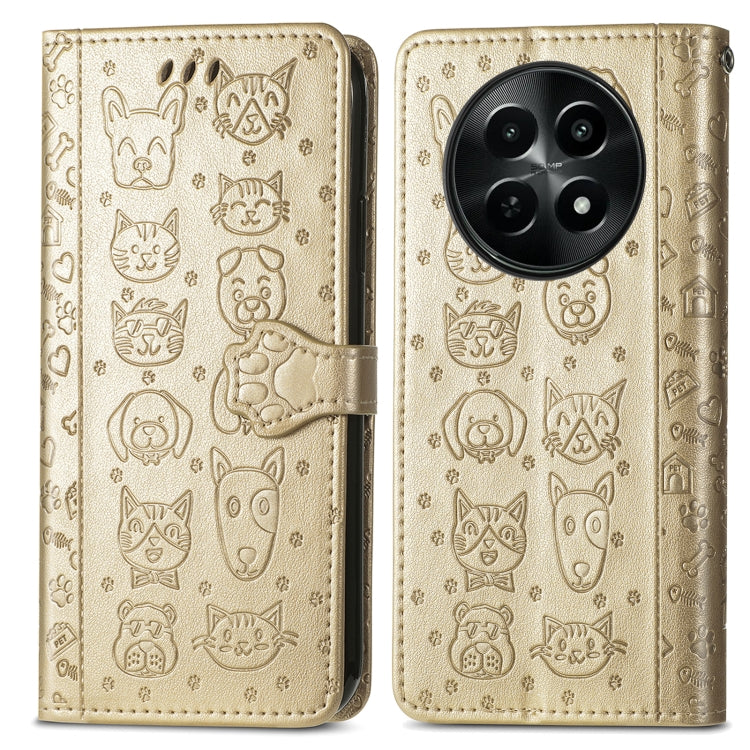 For Realme 12 Cat and Dog Embossed Leather Phone Case