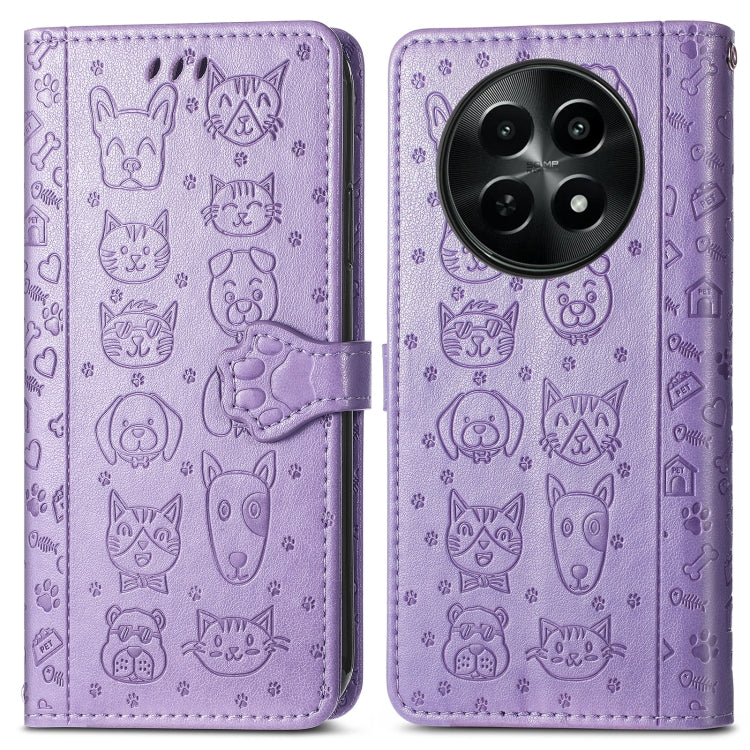 For Realme 12 Cat and Dog Embossed Leather Phone Case