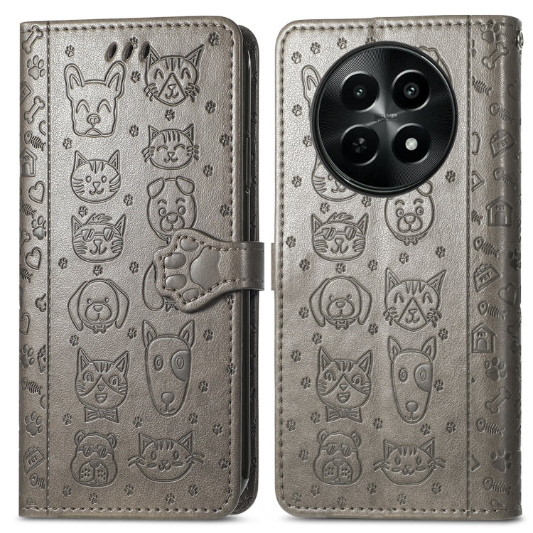 For Realme 12 Cat and Dog Embossed Leather Phone Case