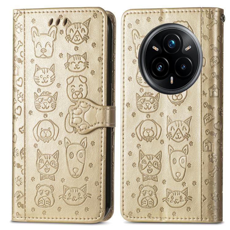For Realme 14 Pro+ Cat and Dog Embossed Leather Phone Case