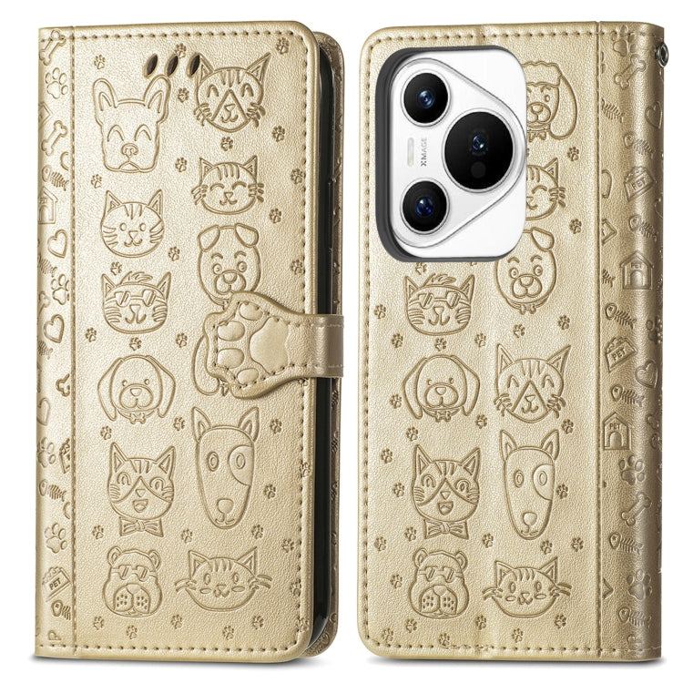For Huawei Pura 70 Cat and Dog Embossed Leather Phone Case