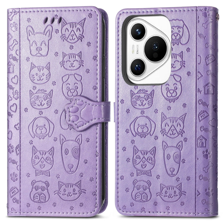 For Huawei Pura 70 Cat and Dog Embossed Leather Phone Case