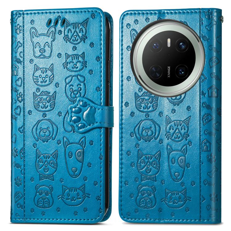 For Huawei Mate 70 Cat and Dog Embossed Leather Phone Case
