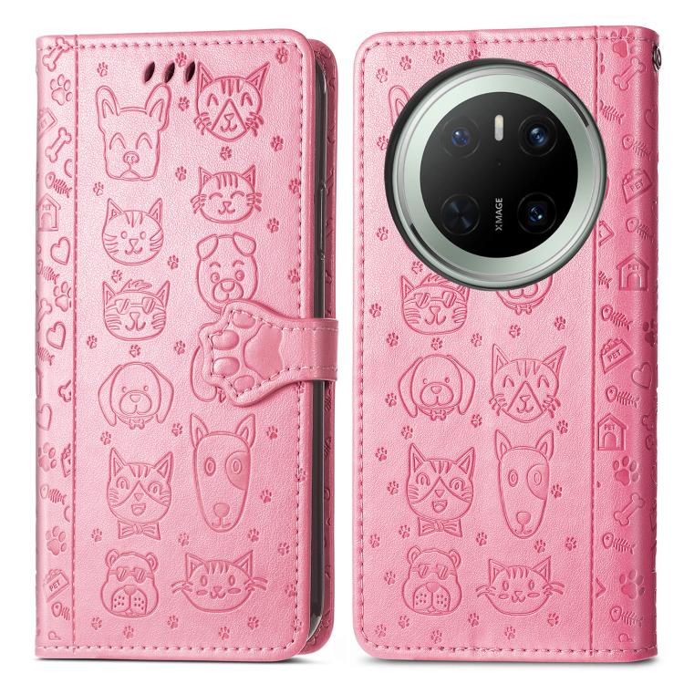 For Huawei Mate 70 Cat and Dog Embossed Leather Phone Case