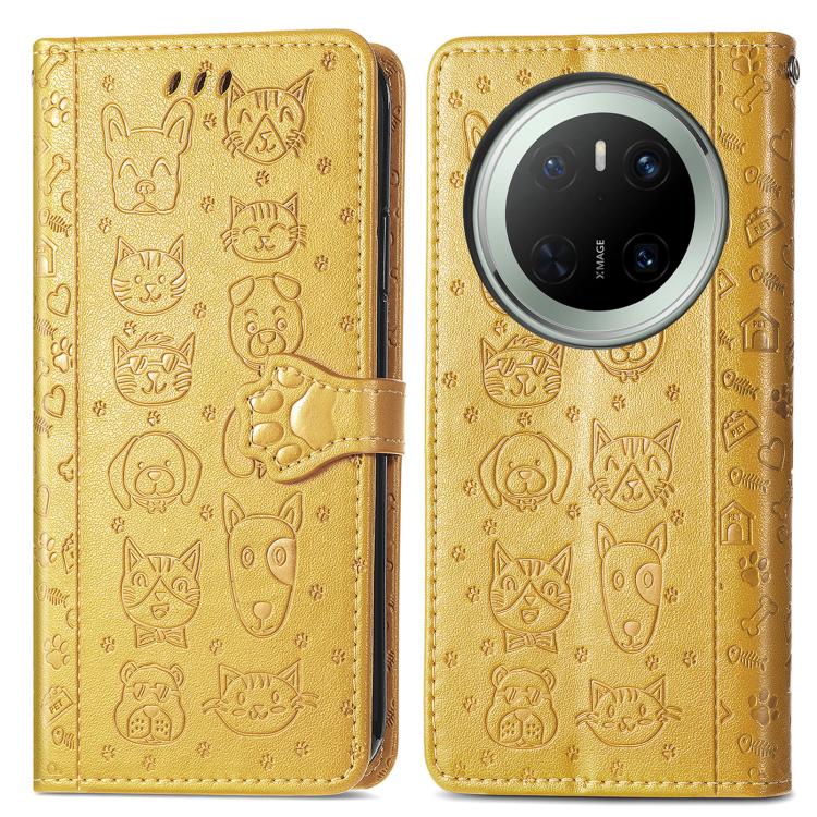 For Huawei Mate 70 Cat and Dog Embossed Leather Phone Case
