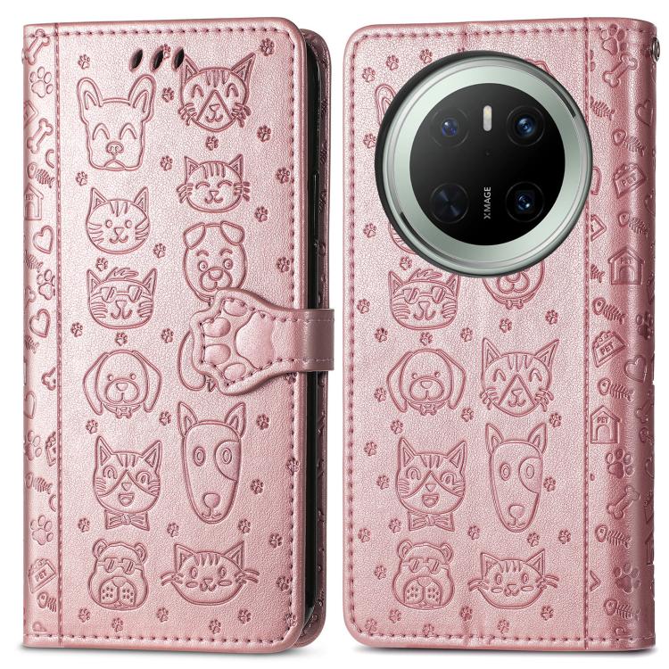 For Huawei Mate 70 Cat and Dog Embossed Leather Phone Case