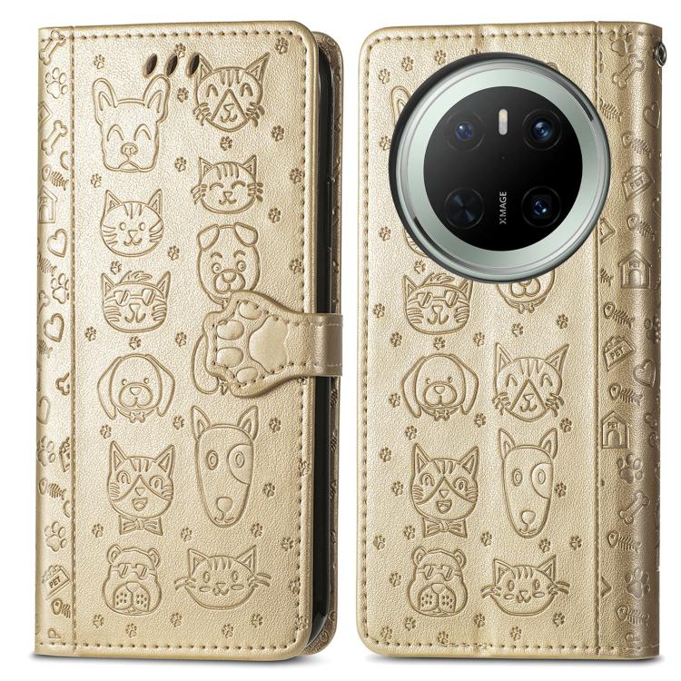 For Huawei Mate 70 Cat and Dog Embossed Leather Phone Case