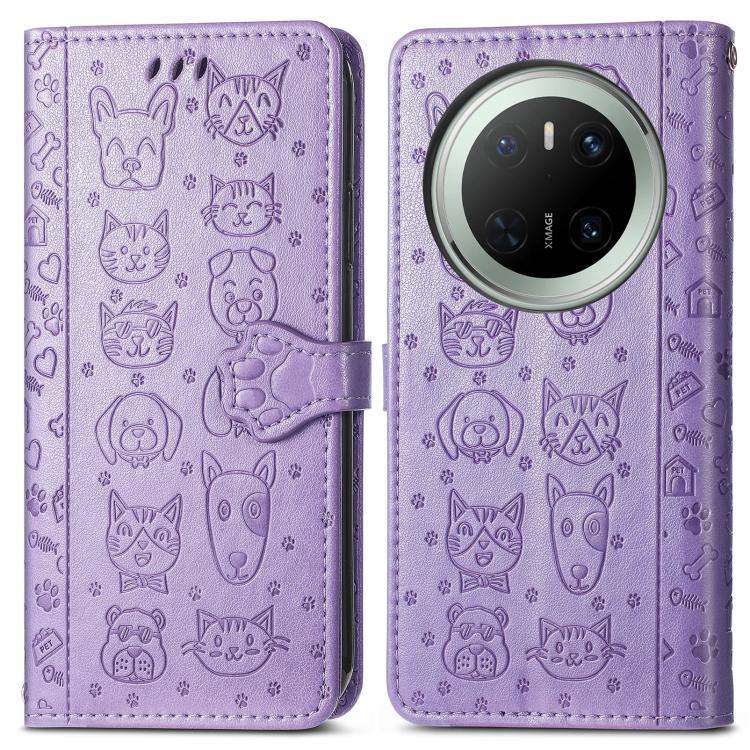 For Huawei Mate 70 Cat and Dog Embossed Leather Phone Case