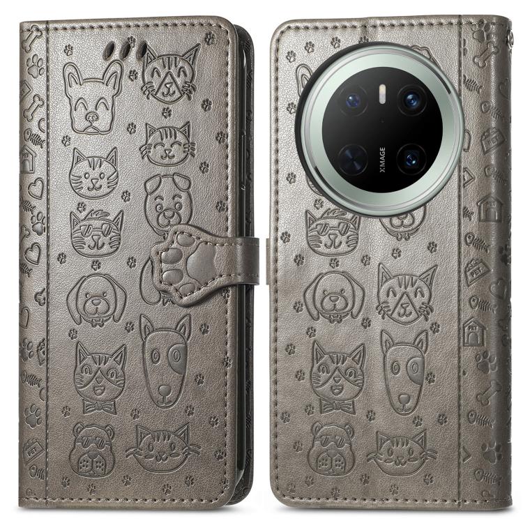 For Huawei Mate 70 Cat and Dog Embossed Leather Phone Case