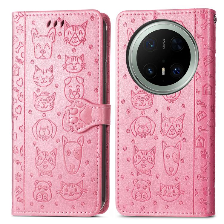 For Huawei Mate 70 Pro Cat and Dog Embossed Leather Phone Case