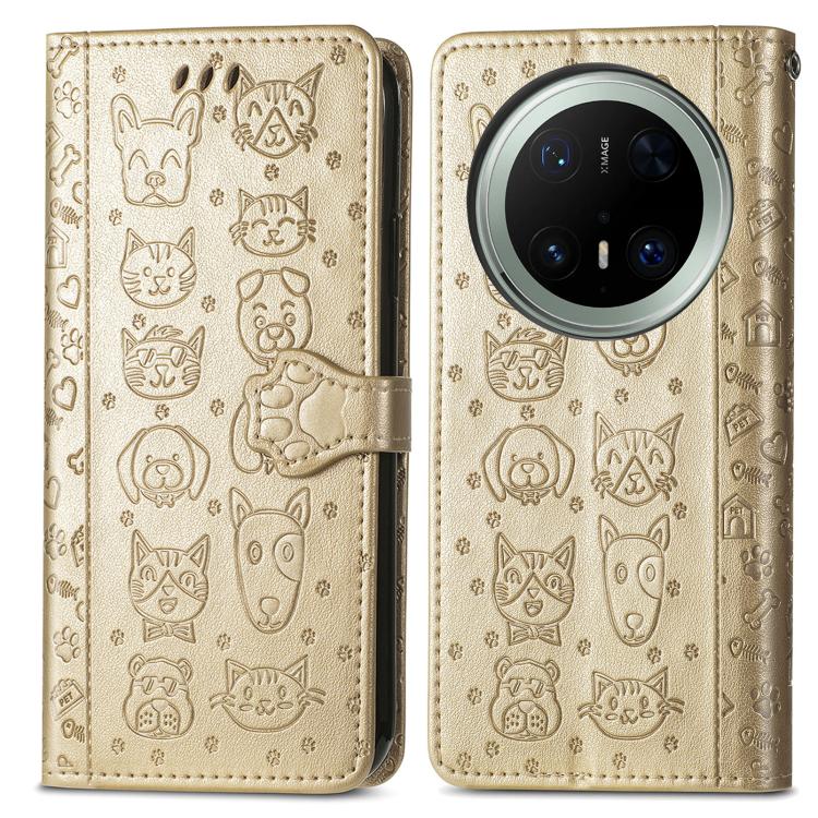 For Huawei Mate 70 Pro Cat and Dog Embossed Leather Phone Case