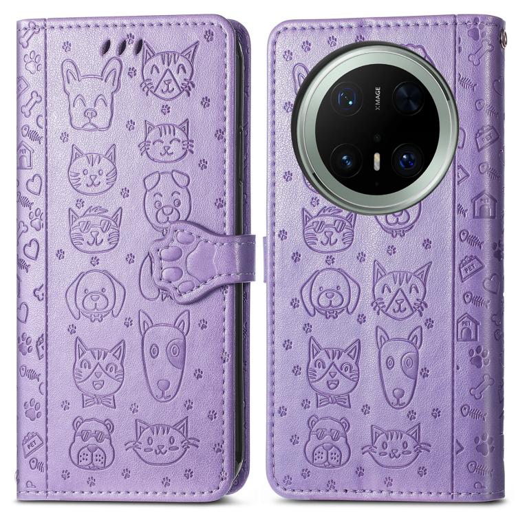 For Huawei Mate 70 Pro Cat and Dog Embossed Leather Phone Case
