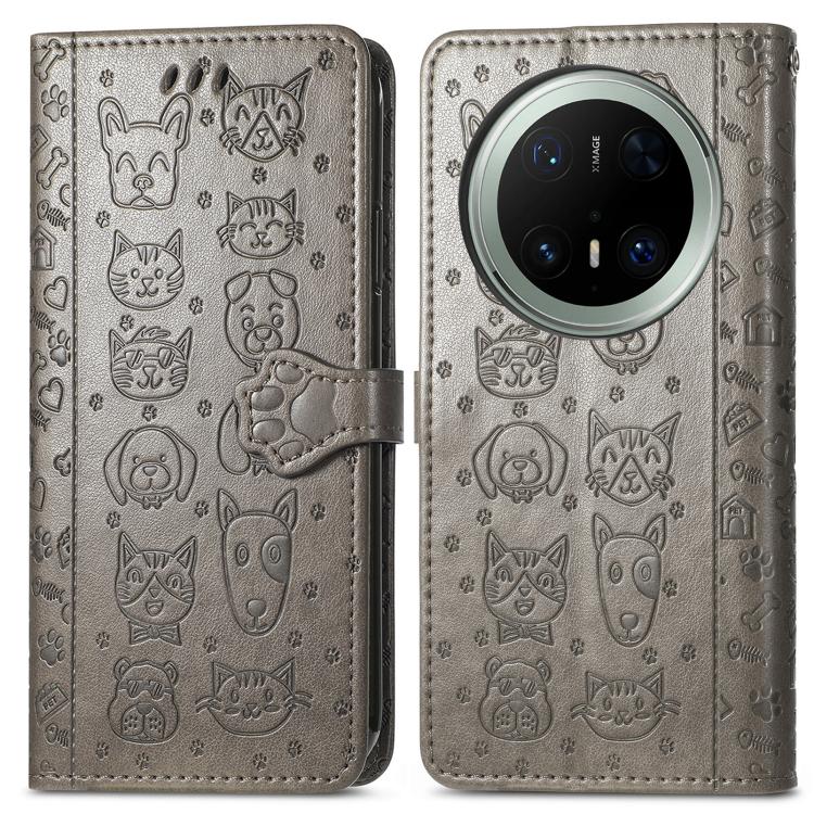 For Huawei Mate 70 Pro Cat and Dog Embossed Leather Phone Case