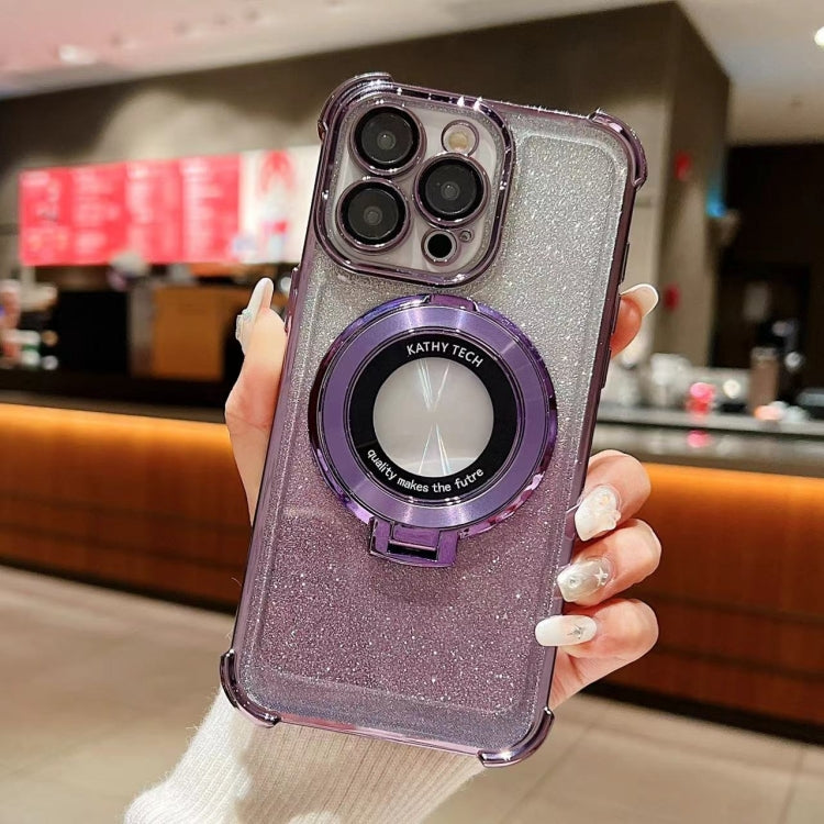 For iPhone 15 Pro Invisible Holder Gradient Glitter Magsafe Phone Case