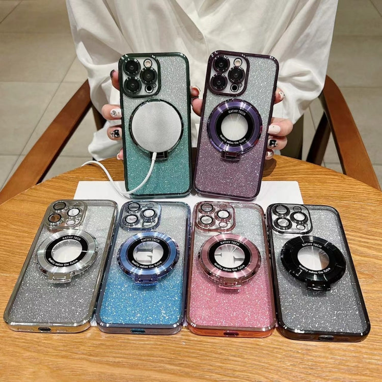For iPhone 15 Pro Max Electroplated Holder Gradient Glitter MagSafe Phone Case