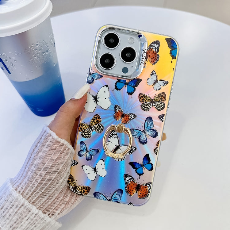 For iPhone 13 Pro Max Electroplating Laser Butterfly Ring Holder Phone Case