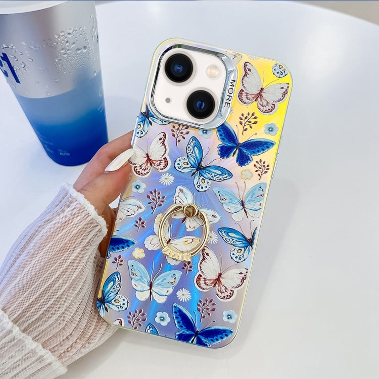 For iPhone 14 Electroplating Laser Butterfly Ring Holder Phone Case