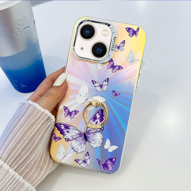 For iPhone 14 Electroplating Laser Butterfly Ring Holder Phone Case