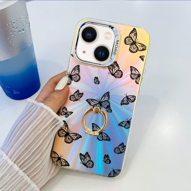 For iPhone 14 Electroplating Laser Butterfly Ring Holder Phone Case