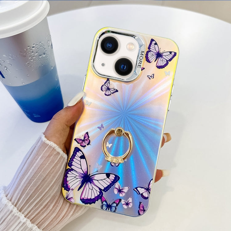 For iPhone 14 Electroplating Laser Butterfly Ring Holder Phone Case