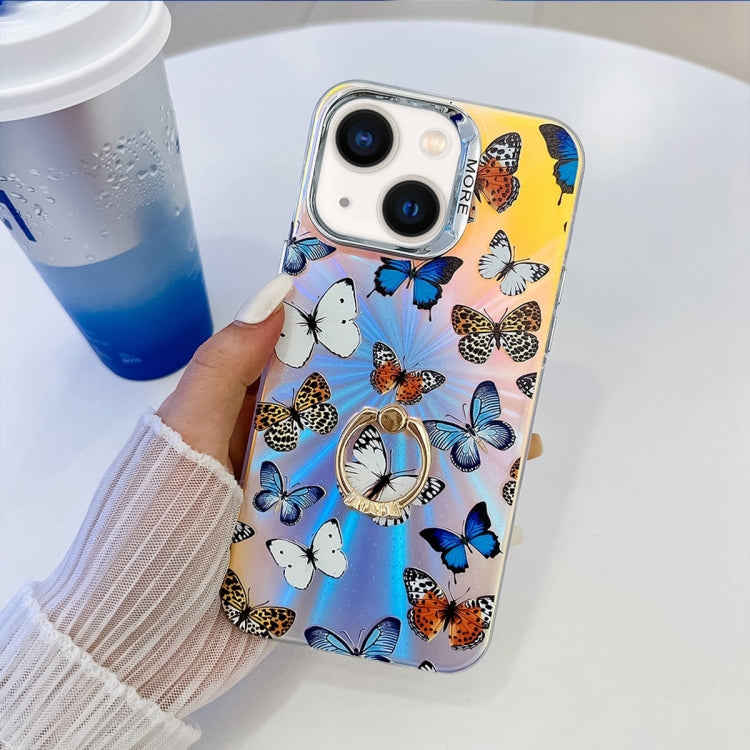 For iPhone 14 Electroplating Laser Butterfly Ring Holder Phone Case