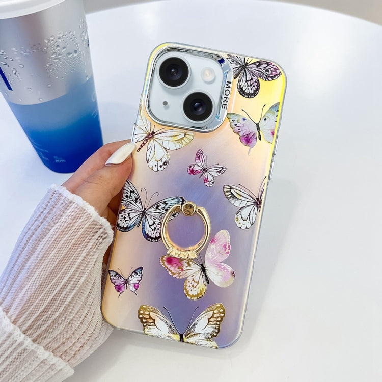 For iPhone 15 Electroplating Laser Butterfly Ring Holder Phone Case