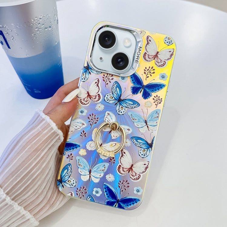 For iPhone 15 Electroplating Laser Butterfly Ring Holder Phone Case