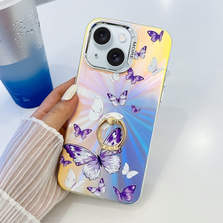 For iPhone 15 Electroplating Laser Butterfly Ring Holder Phone Case