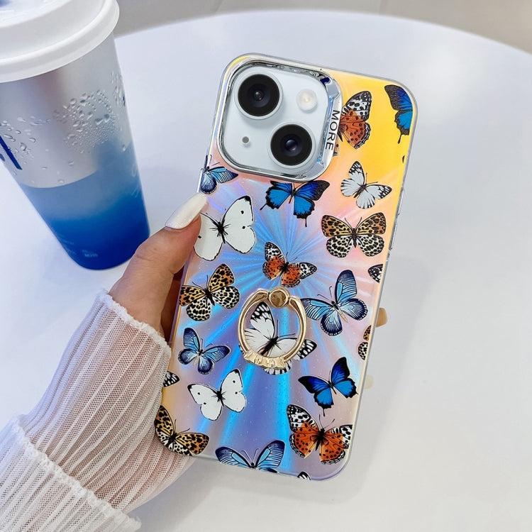 For iPhone 15 Electroplating Laser Butterfly Ring Holder Phone Case