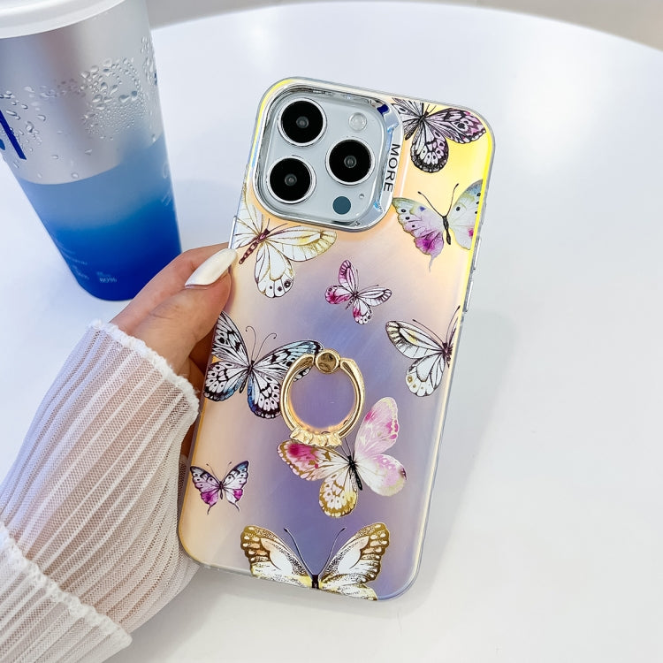 For iPhone 15 Pro Max Electroplating Laser Butterfly Ring Holder Phone Case