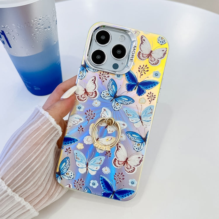 For iPhone 15 Pro Max Electroplating Laser Butterfly Ring Holder Phone Case