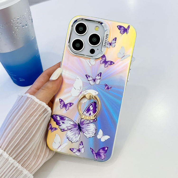 For iPhone 15 Pro Max Electroplating Laser Butterfly Ring Holder Phone Case
