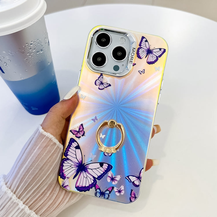 For iPhone 15 Pro Max Electroplating Laser Butterfly Ring Holder Phone Case