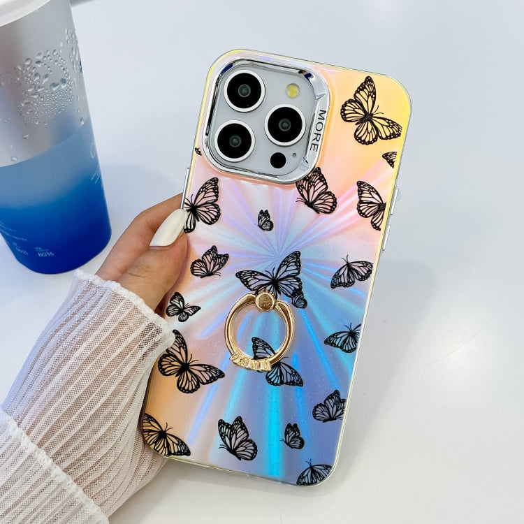For iPhone 16 Pro Electroplating Laser Butterfly Ring Holder Phone Case