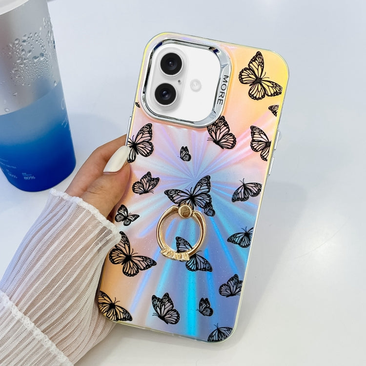 For iPhone 16 Plus Electroplating Laser Butterfly Ring Holder Phone Case