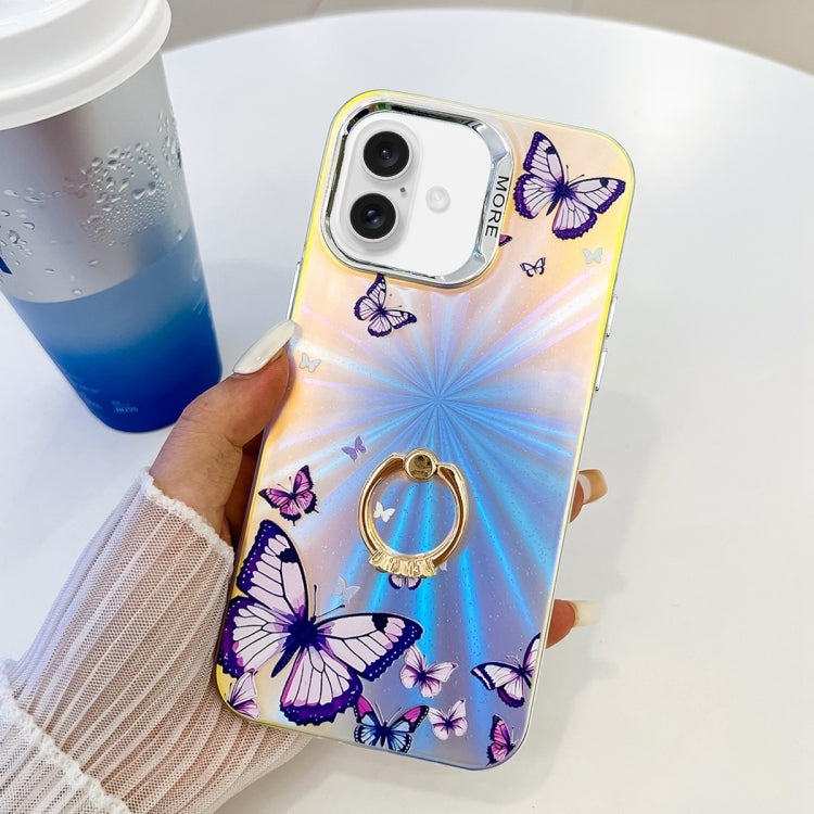 For iPhone 16 Plus Electroplating Laser Butterfly Ring Holder Phone Case