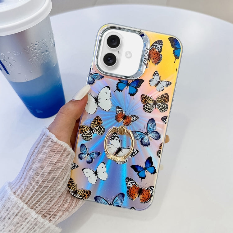 For iPhone 16 Plus Electroplating Laser Butterfly Ring Holder Phone Case