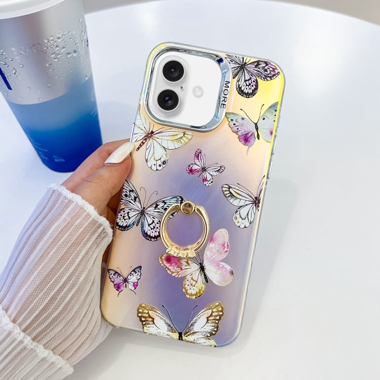 For iPhone 16 Electroplating Laser Butterfly Ring Holder Phone Case