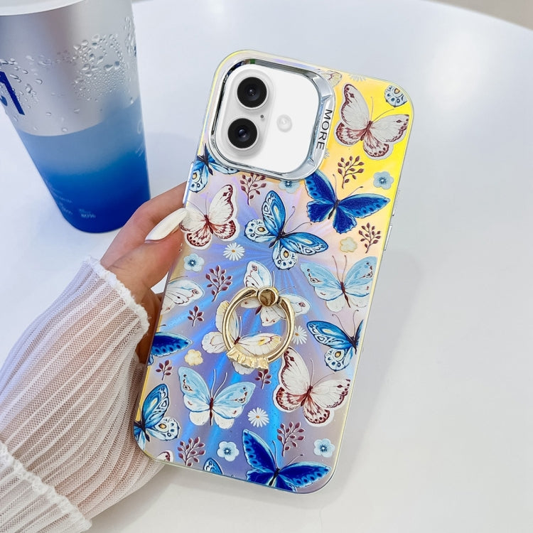 For iPhone 16 Electroplating Laser Butterfly Ring Holder Phone Case