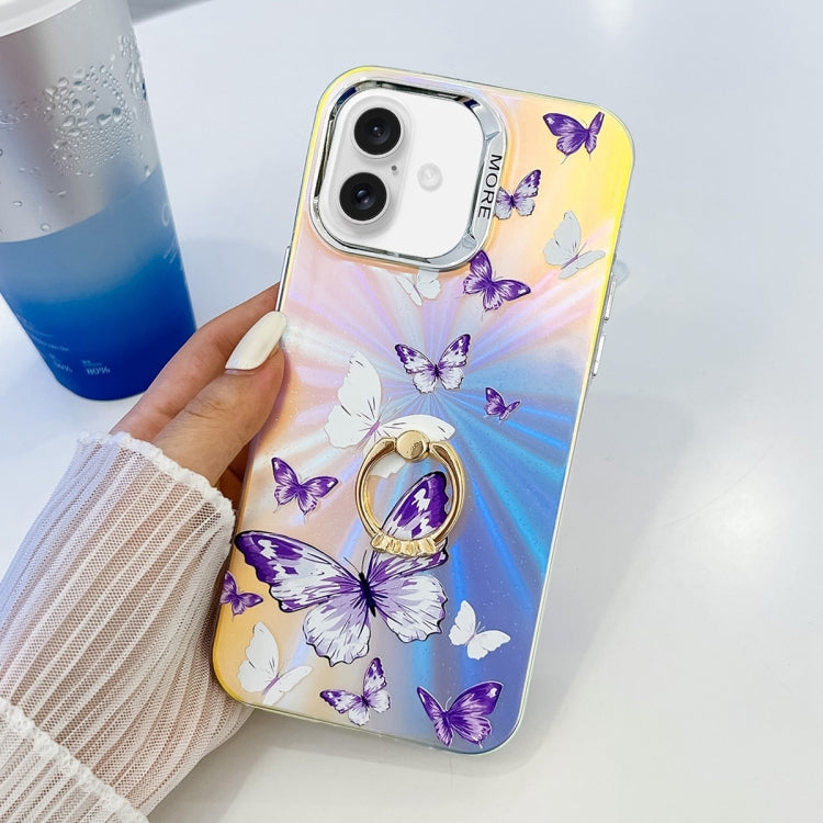 For iPhone 16 Electroplating Laser Butterfly Ring Holder Phone Case