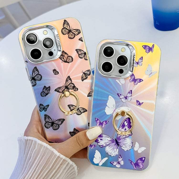 For iPhone 15 Pro Max Electroplating Laser Butterfly Ring Holder Phone Case