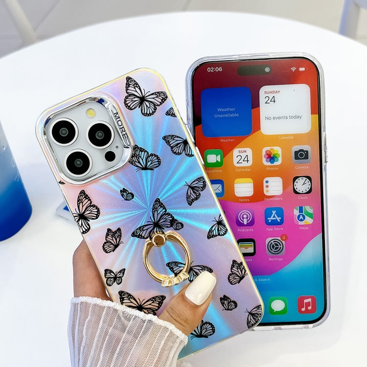 For iPhone 15 Pro Max Electroplating Laser Butterfly Ring Holder Phone Case